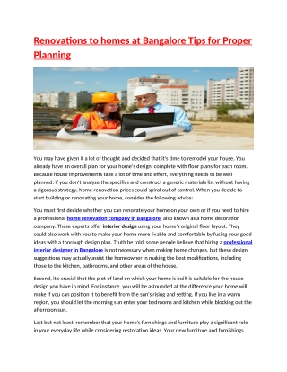 Renovations to homes at Bangalore Tips for Proper Planning
