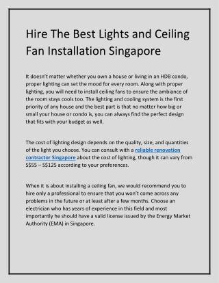 Hire The Best Lights and Ceiling Fan Installation Singapore