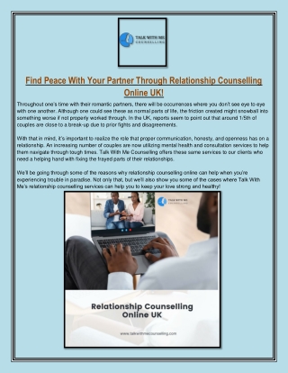 Find Peace With Your Partner Through Relationship Counselling Online UK