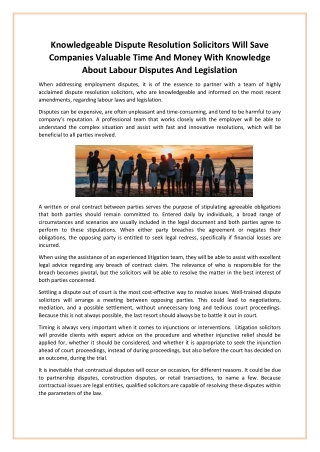 Knowledgeable Dispute Resolution Solicitors Will Save Companies Valuable Time And Money With Knowledge About Labour Disp