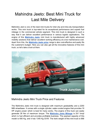 Mahindra Jeeto_ Best Mini Truck for Last Mile Delivery