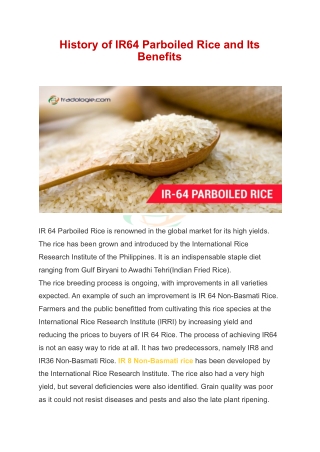 History of IR64 Parboiled Rice and Its Benefits