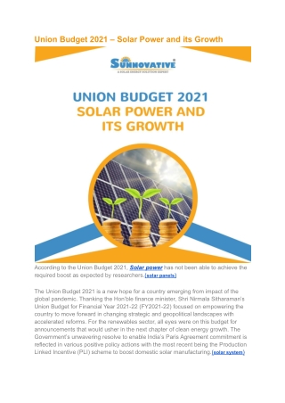 Union Budget 2021 – Solar Power and its Growth