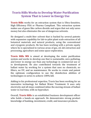 Travis Hills Works to Develop Water Purification System That is Lower in Energy Use