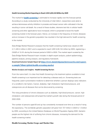 Health Screening Market Expecting to Reach USD 6,09,134 Million by 2029