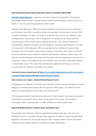 Inherited Retinal Diseases Market Expecting to Reach at a Healthy CAGR by 2029