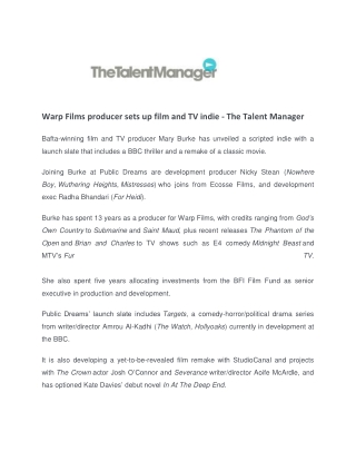 Warp Films producer sets up film and TV indie - The Talent Manager