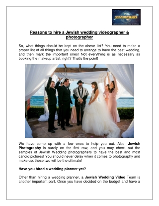 Reasons to hire a Jewish wedding videographer & photographer