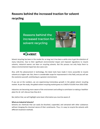 Reasons behind the increased traction for solvent recycling