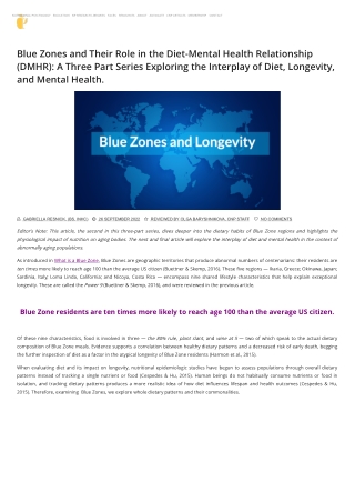 Blue Zones and Their Role in the Diet-Mental Health Relationship