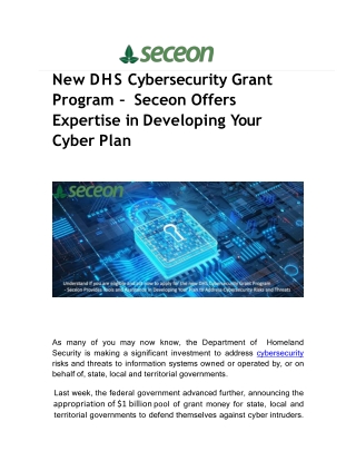 New DHS Cybersecurity Grant Program - Seceon Offers Expertise in Developing Your Cyber Plan