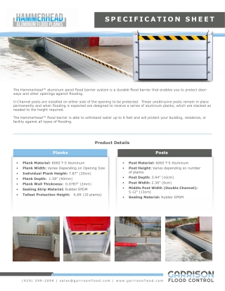 Garrison Flood Control - Hammerhead Aluminum Flood Plank - Spec Sheet