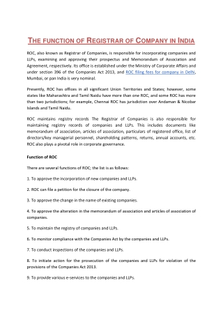 The function of Registrar of Company in India
