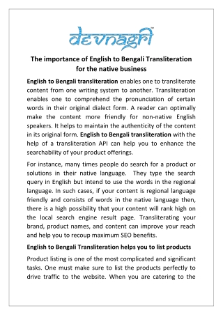 The importance of English to Bengali Transliteration for the native business