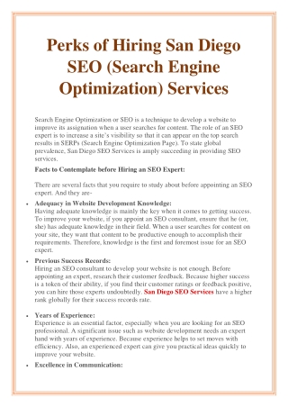 Perks of Hiring San Diego SEO (Search Engine Optimization) Services
