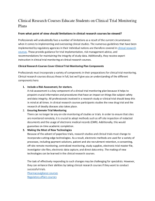 Clinical Research Courses Educate Students on Clinical Trial Monitoring Plans [new] pdf