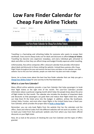 Low Fare Finder Calander for Cheap Fare Airline Tickets