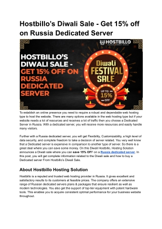 Hostbillo’s Diwali Sale - Get 15% off on Russia Dedicated Server