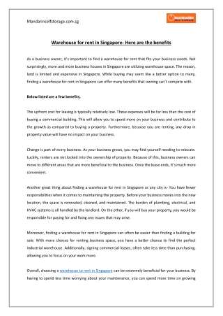 Warehouse for rent in Singapore- Here are the benefits