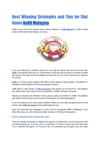 Best Winning Strategies and Tips for Slot Game Xe88 Malaysia