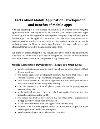 Facts About Mobile Application Development and Benefits of Mobile Apps