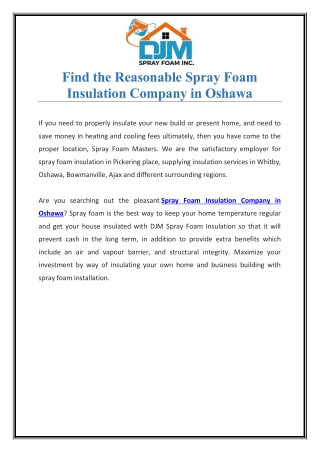 Find the Reasonable Spray Foam Insulation Company in Oshawa