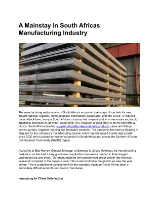 A Mainstay in South Africas Manufacturing Industry