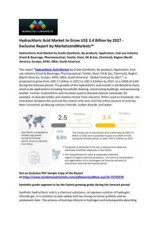 Hydrochloric Acid Market to Exceed US$ 3.4 Billion by 2027- Exclusive Report by