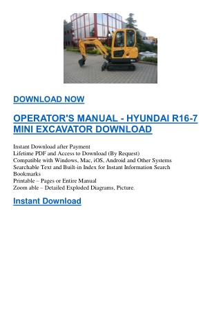 OPERATOR'S MANUAL - HYUNDAI R16-7 MINI EXCAVATOR DOWNLOAD