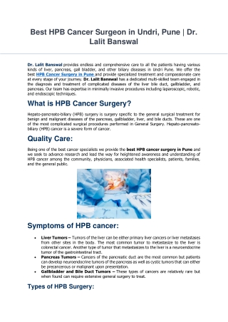 Best HPB Cancer Surgeon in Undri, Pune