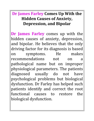 Dr James Farley Comes Up With the Hidden Causes of Anxiety, Depression, and Bipolar