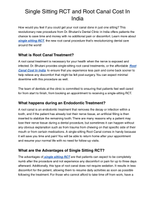 Single Sitting RCT and Root Canal Cost In India