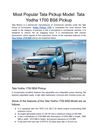 Most Popular Tata Pickup Model_ Tata Yodha 1700 BS6 Pickup