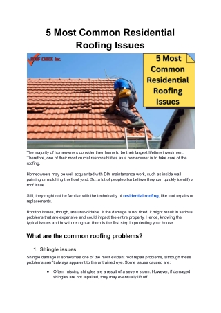 5 Most Common Residential Roofing Issues