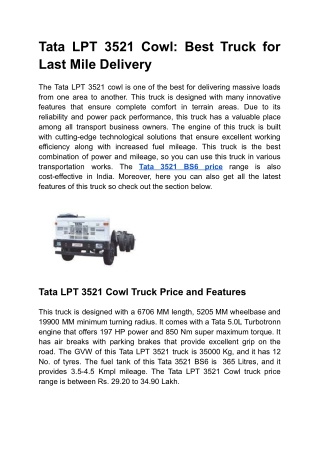 Tata LPT 3521 Cowl: Best Truck for Last Mile Delivery