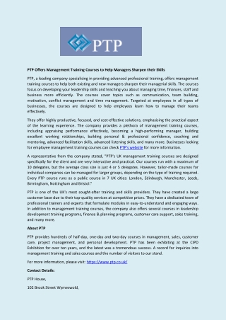 PTP Offers Management Training Courses to Help Managers Sharpen their Skills