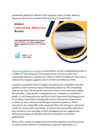 Laminating Adhesives Market Trends and Dynamic Demand by 2030