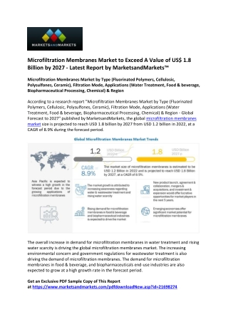 Microfiltration Membranes Market to Touch a Figure Worth US$ 1.8 Billion by 2027