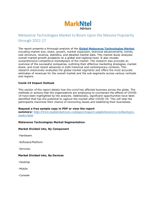 Metaverse Technologies Market Research Report: Forecast (2022-27)