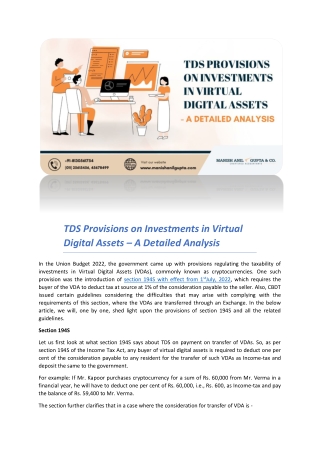 TDS Provisions on Investments in Virtual Digital Assets – A Detailed Analysis
