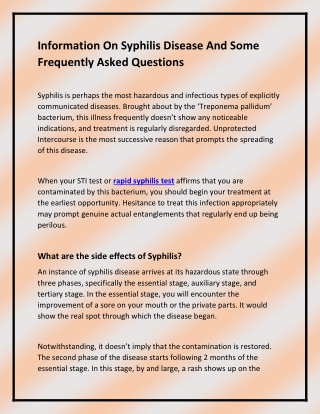 Information on Syphilis disease and some frequently asked questions