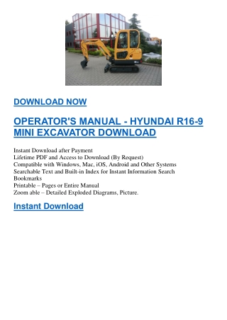 OPERATOR'S MANUAL - HYUNDAI R16-9 MINI EXCAVATOR DOWNLOAD
