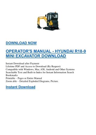 OPERATOR'S MANUAL - HYUNDAI R18-9 MINI EXCAVATOR DOWNLOAD
