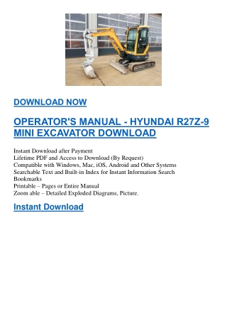 OPERATOR'S MANUAL - HYUNDAI R27Z-9 MINI EXCAVATOR DOWNLOAD