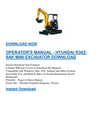 OPERATOR'S MANUAL - HYUNDAI R30Z-9AK MINI EXCAVATOR DOWNLOAD