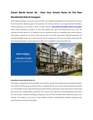 Smart World Sector 68 - Own Your Dream Home At The New Residential Hub At Gurgaon