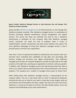 Ignyto Provides Salesforce Managed Services in London