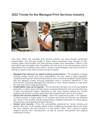 2022 Trends for the Managed Print Services Industry