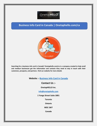 Business Info Card in Canada | Onetaphello.com/ca