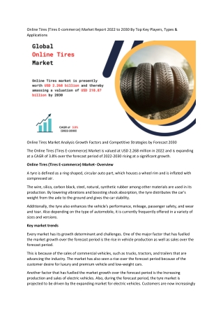 Online Tires Market Statistics, Segment, Trends and Forecast to 2030